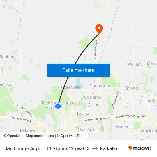 Melbourne Airport T1 Skybus/Arrival Dr to Kalkallo map