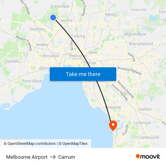 Melbourne Airport to Carrum map