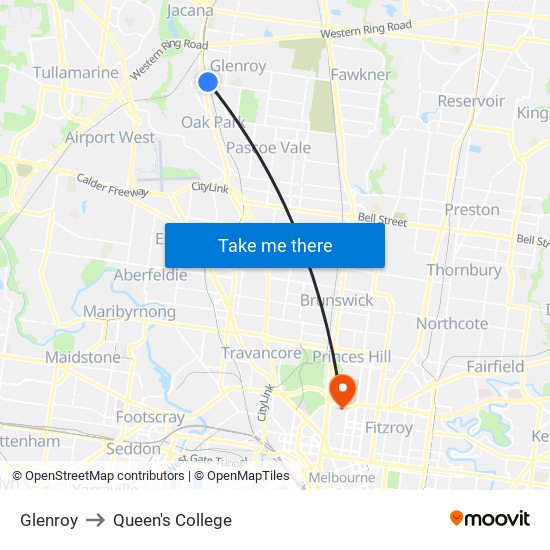 Glenroy to Queen's College map