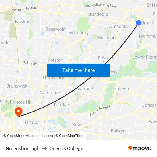 Greensborough to Queen's College map