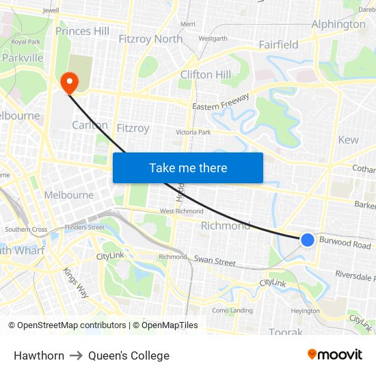 Hawthorn to Queen's College map