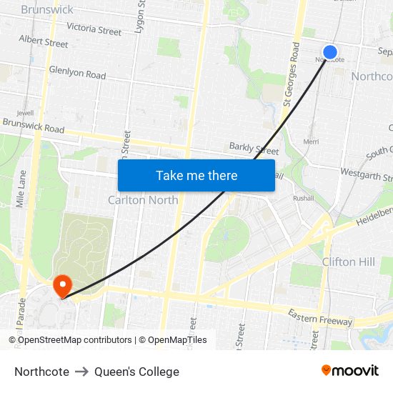 Northcote to Queen's College map