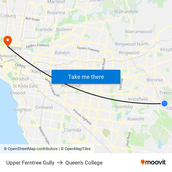 Upper Ferntree Gully to Queen's College map