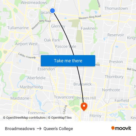 Broadmeadows to Queen's College map