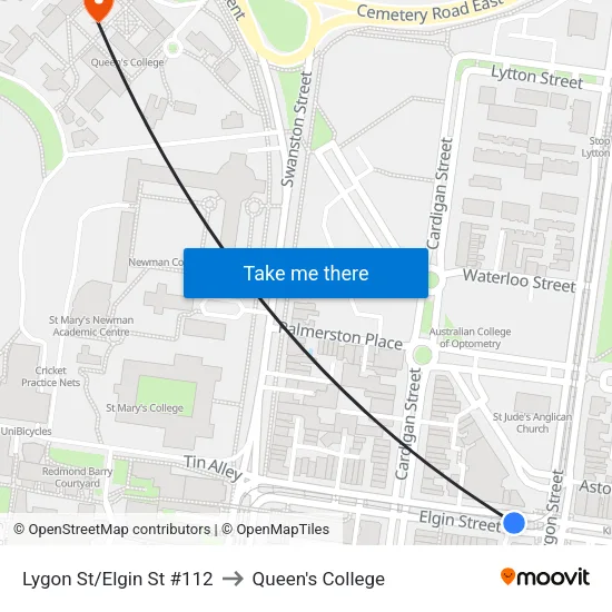 Lygon St/Elgin St #112 to Queen's College map