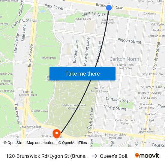 120-Brunswick Rd/Lygon St (Brunswick) to Queen's College map