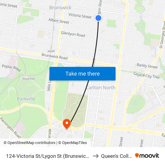 124-Victoria St/Lygon St (Brunswick East) to Queen's College map