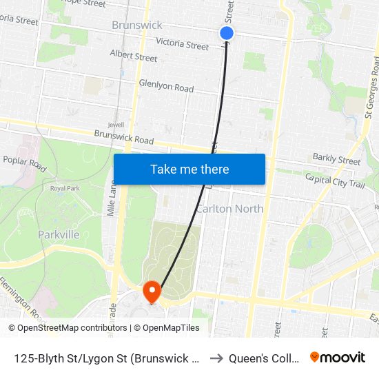 125-Blyth St/Lygon St (Brunswick East) to Queen's College map