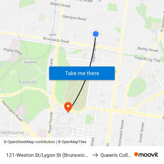 121-Weston St/Lygon St (Brunswick East) to Queen's College map