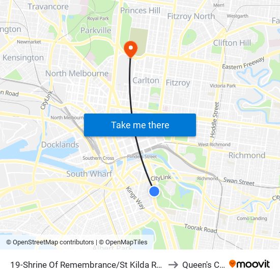 19-Shrine Of Remembrance/St Kilda Rd (Melbourne City) to Queen's College map