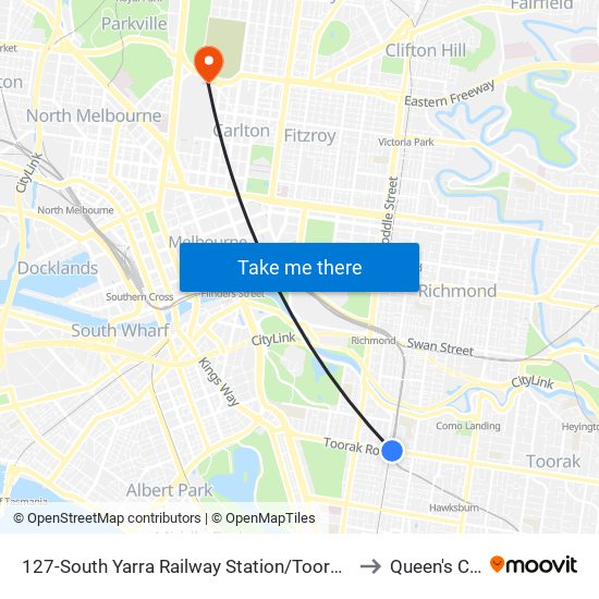 127-South Yarra Railway Station/Toorak Rd (South Yarra) to Queen's College map