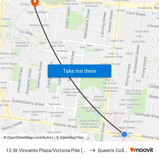12-St Vincents Plaza/Victoria Pde (Fitzroy) to Queen's College map