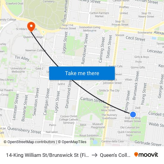 14-King William St/Brunswick St (Fitzroy) to Queen's College map