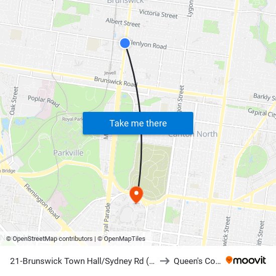 21-Brunswick Town Hall/Sydney Rd (Brunswick) to Queen's College map