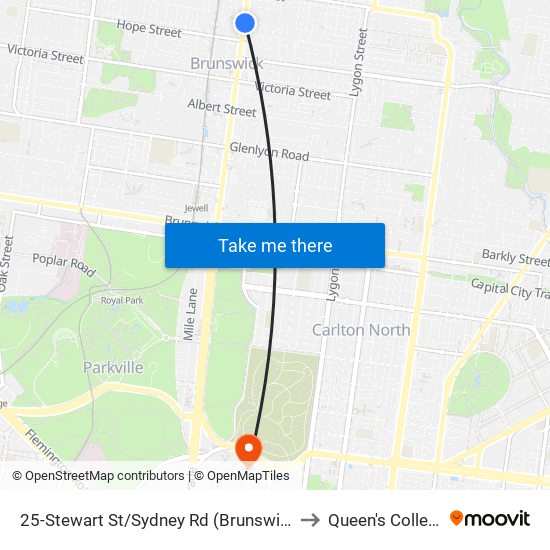 25-Stewart St/Sydney Rd (Brunswick) to Queen's College map
