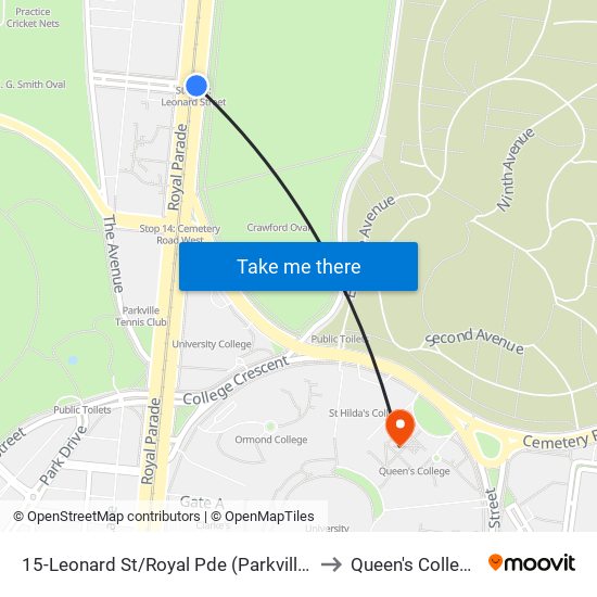 15-Leonard St/Royal Pde (Parkville) to Queen's College map