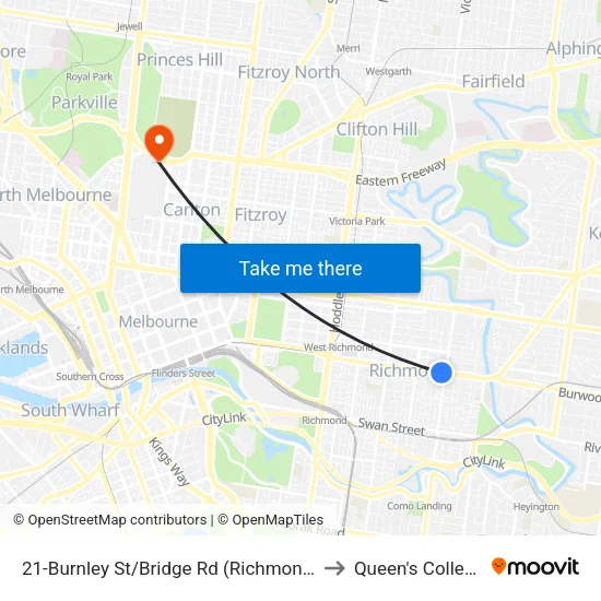 Burnley St/Bridge Rd #21 to Queen's College map