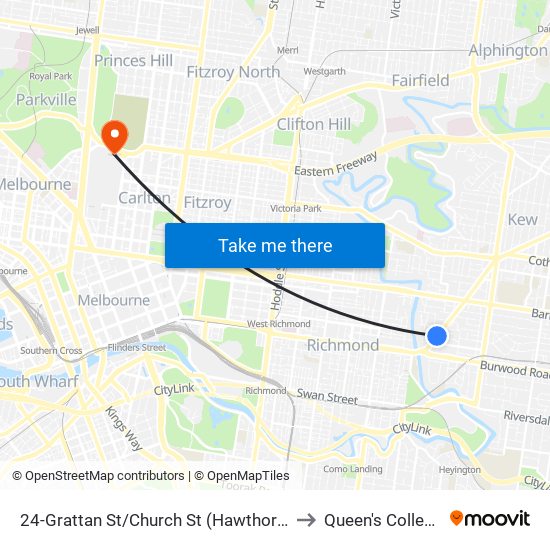 24-Grattan St/Church St (Hawthorn) to Queen's College map