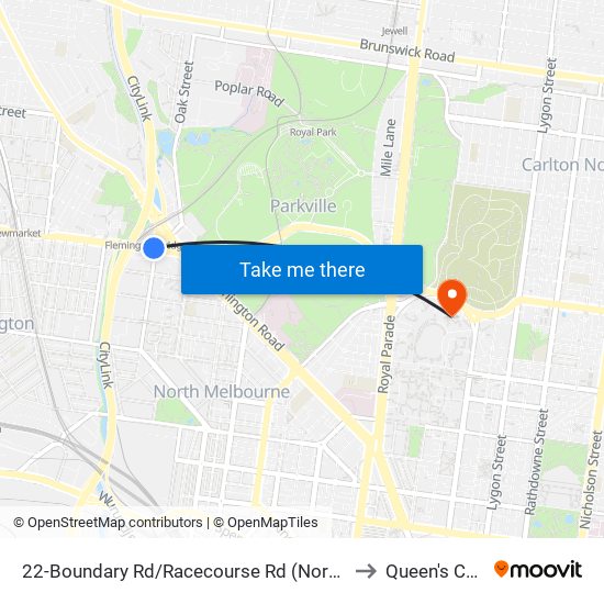 22-Boundary Rd/Racecourse Rd (North Melbourne) to Queen's College map
