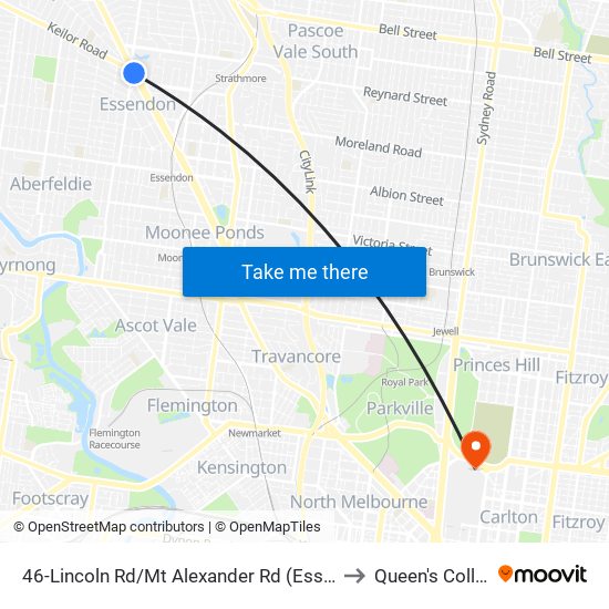 46-Lincoln Rd/Mt Alexander Rd (Essendon) to Queen's College map