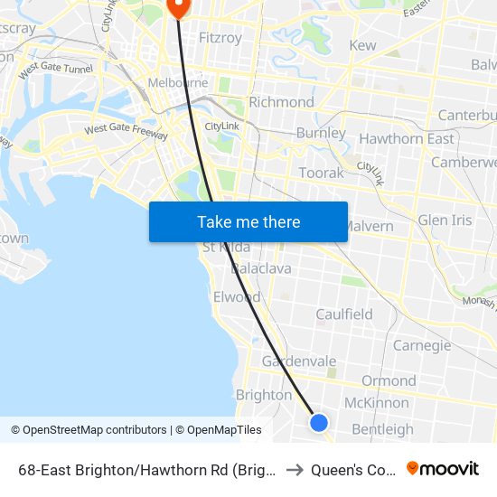 68-East Brighton/Hawthorn Rd (Brighton East) to Queen's College map