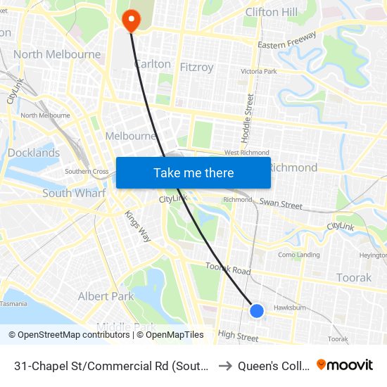 31-Chapel St/Commercial Rd (South Yarra) to Queen's College map