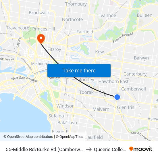 55-Middle Rd/Burke Rd (Camberwell) to Queen's College map