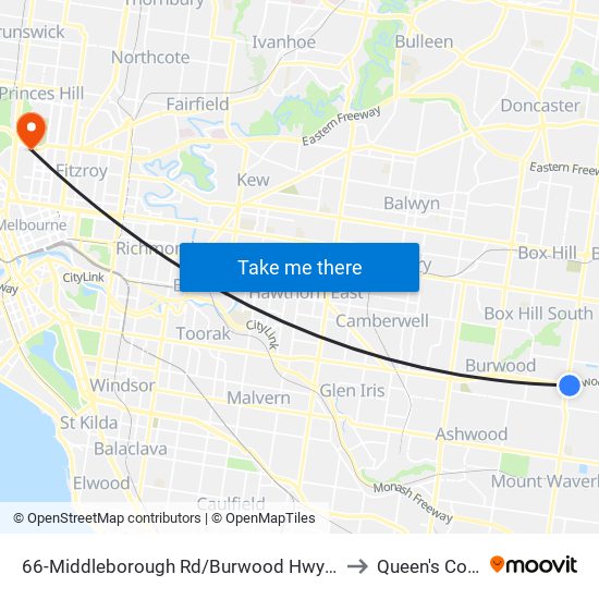 66-Middleborough Rd/Burwood Hwy (Burwood) to Queen's College map