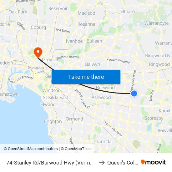 74-Stanley Rd/Burwood Hwy (Vermont South) to Queen's College map