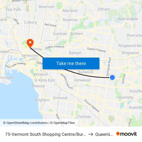 75-Vermont South Shopping Centre/Burwood Hwy (Vermont South) to Queen's College map