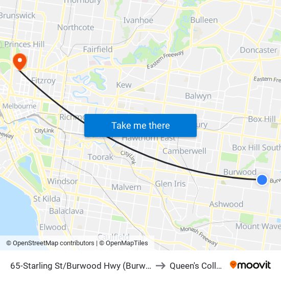 65-Starling St/Burwood Hwy (Burwood) to Queen's College map
