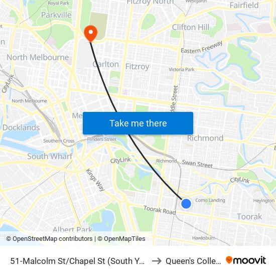 51-Malcolm St/Chapel St (South Yarra) to Queen's College map