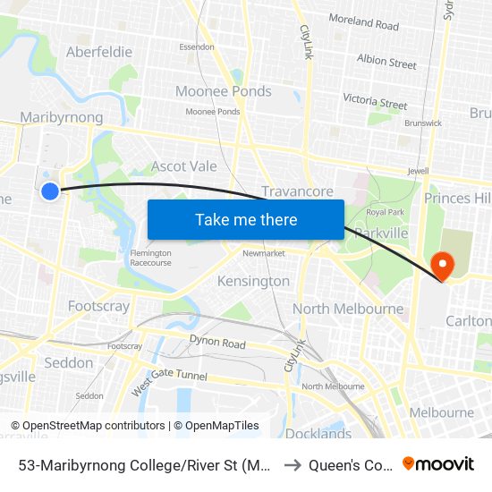 53-Maribyrnong College/River St (Maribyrnong) to Queen's College map