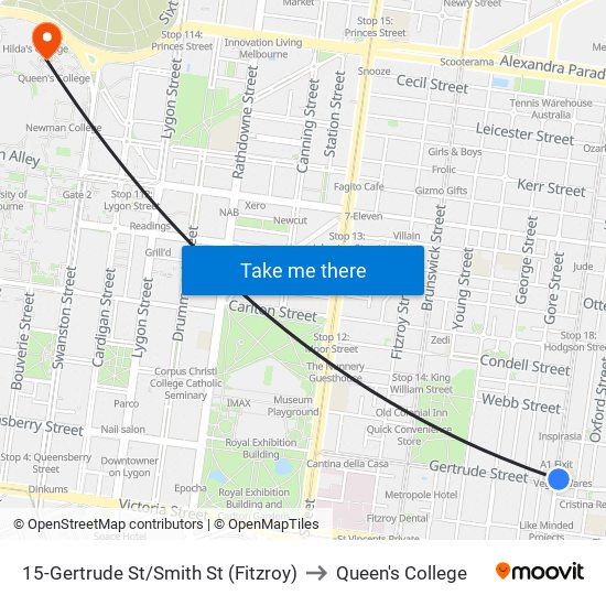 15-Gertrude St/Smith St (Fitzroy) to Queen's College map