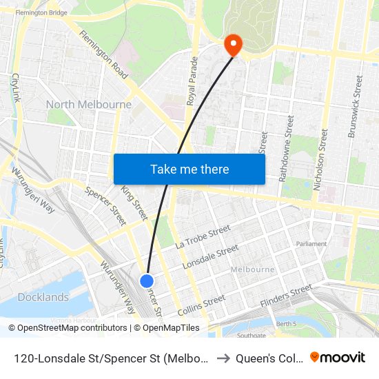 120-Lonsdale St/Spencer St (Melbourne City) to Queen's College map