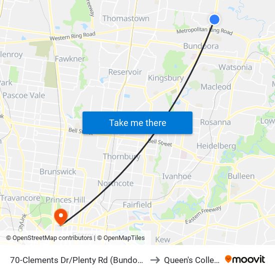 70-Clements Dr/Plenty Rd (Bundoora) to Queen's College map