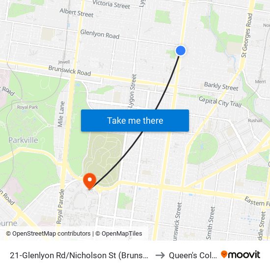 21-Glenlyon Rd/Nicholson St (Brunswick East) to Queen's College map