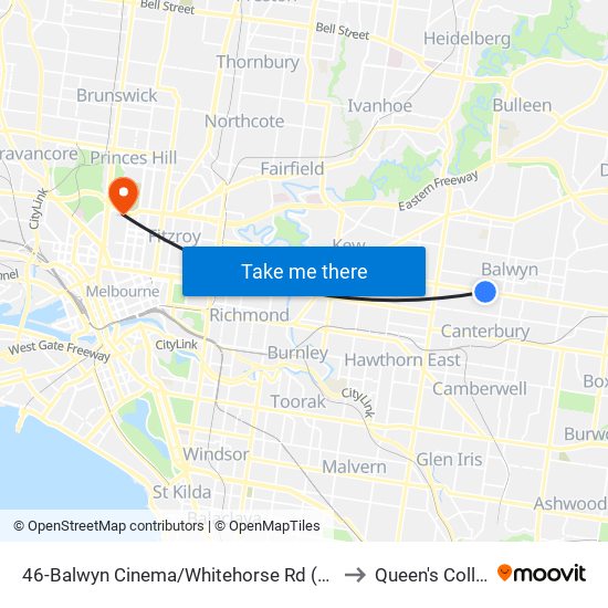 46-Balwyn Cinema/Whitehorse Rd (Balwyn) to Queen's College map