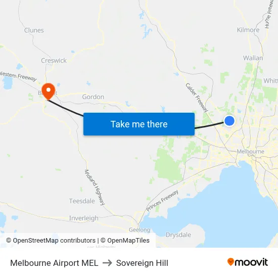 Melbourne Airport MEL to Sovereign Hill map