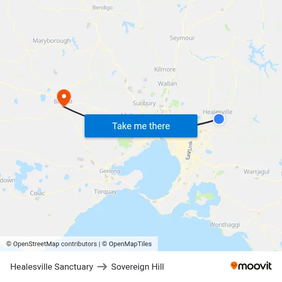 Healesville Sanctuary to Sovereign Hill map