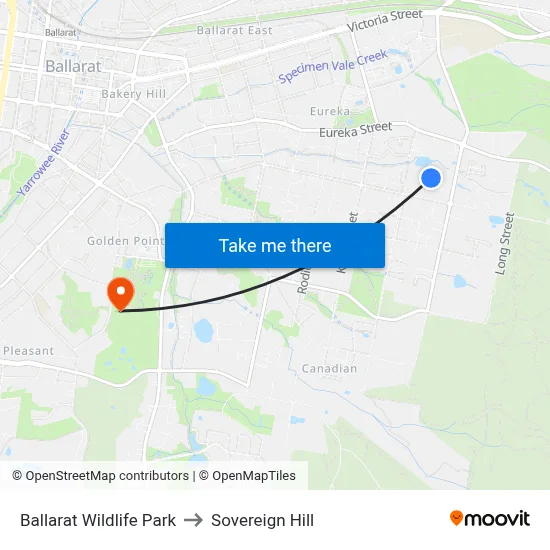 Ballarat Wildlife Park to Sovereign Hill map