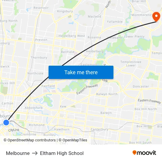 Melbourne to Eltham High School map