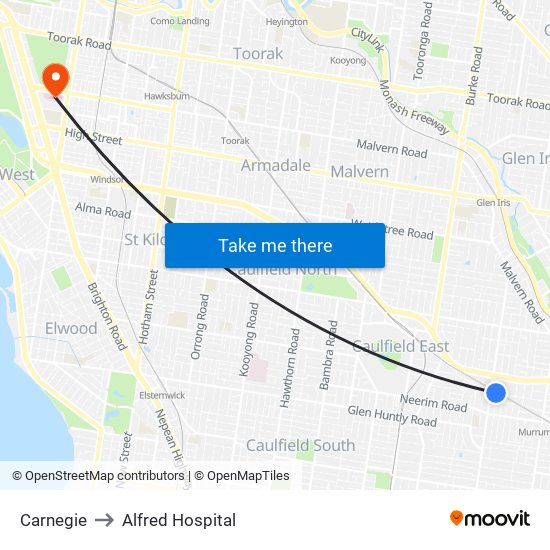 Carnegie to Alfred Hospital map