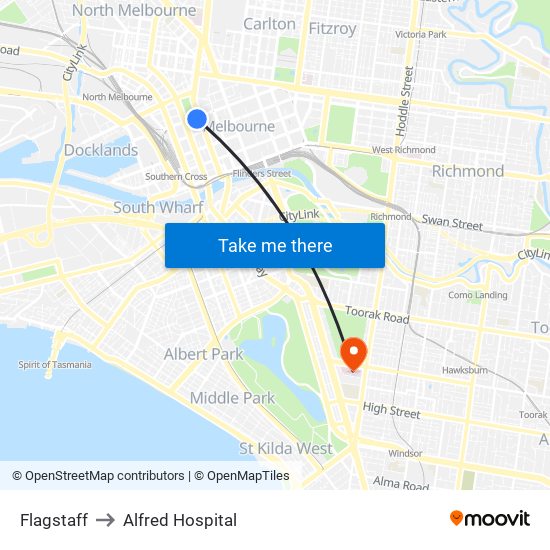 Flagstaff to Alfred Hospital map