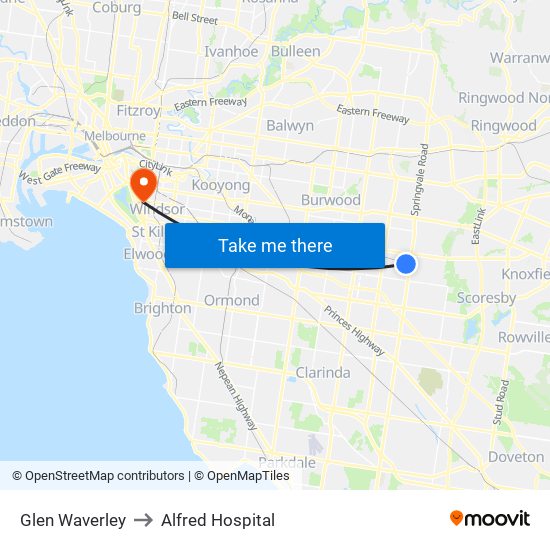 Glen Waverley to Alfred Hospital map