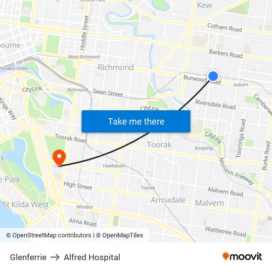 Glenferrie to Alfred Hospital map