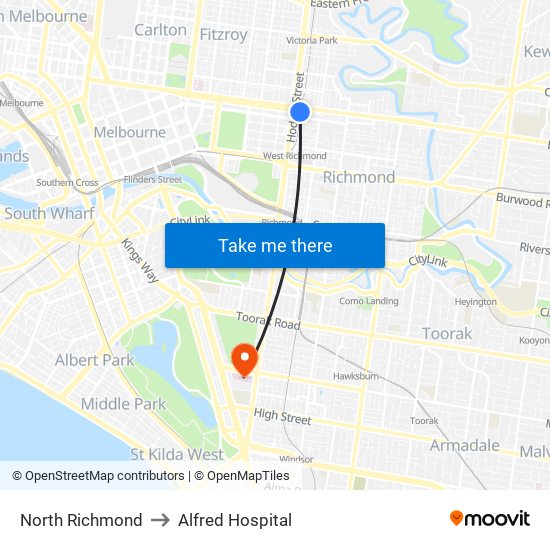 North Richmond to Alfred Hospital map