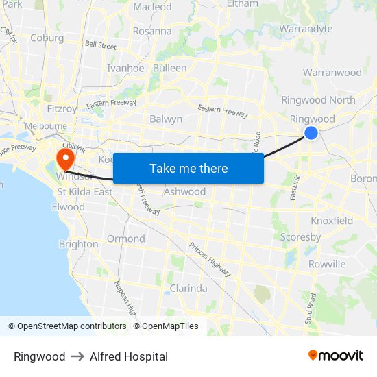Ringwood to Alfred Hospital map
