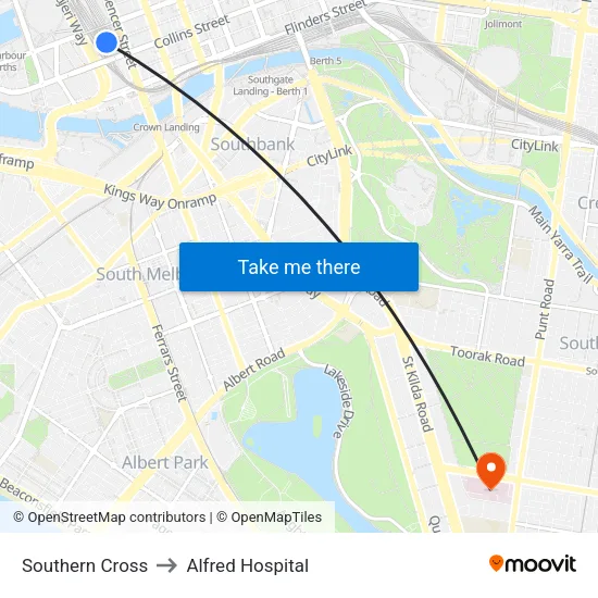 Southern Cross to Alfred Hospital map