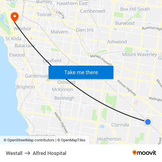 Westall to Alfred Hospital map